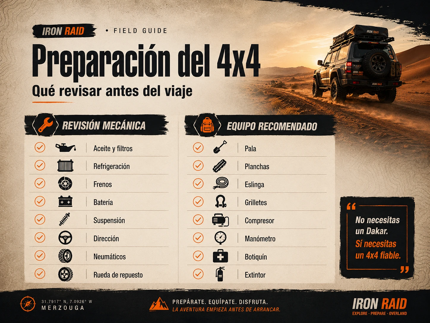 Infografía de preparación mecánica y equipamiento recomendado para viajar en 4x4 a Marruecos