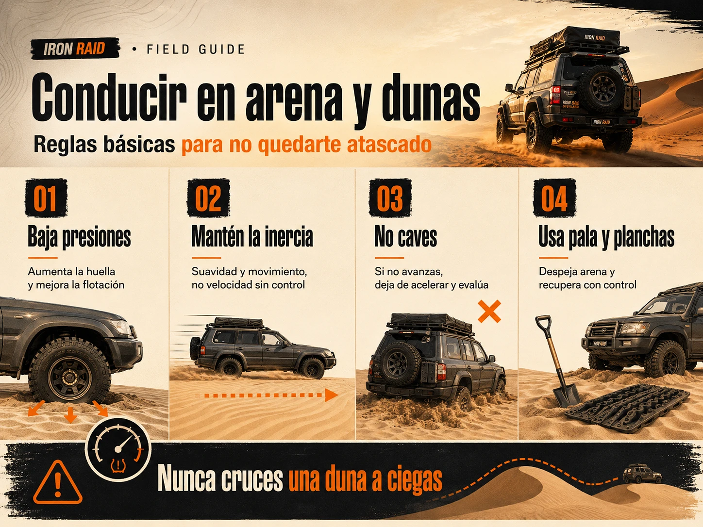 Infografía con reglas básicas para conducir un 4x4 en arena y dunas: bajar presiones, mantener inercia, no cavar y usar pala y planchas