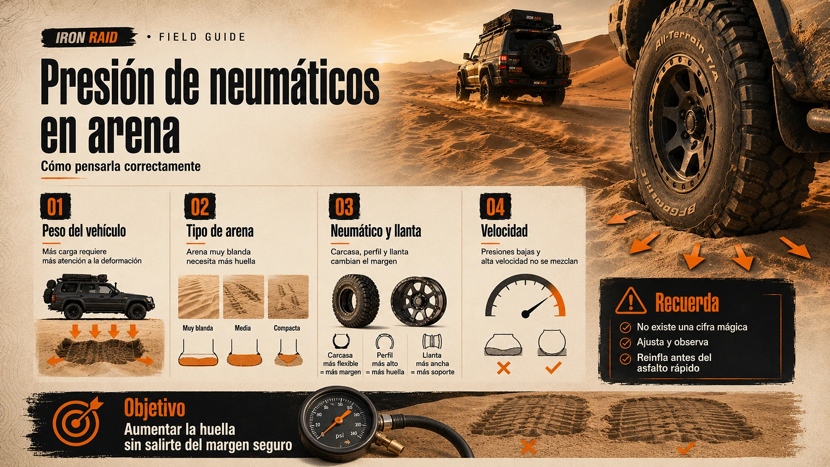 Infografía sobre cómo pensar la presión de neumáticos en arena para conducción 4x4