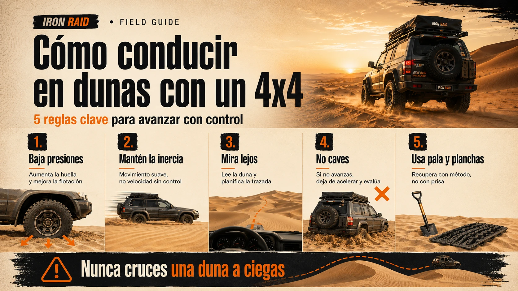 Cinco reglas clave para conducir en dunas con un 4x4: bajar presiones, mantener inercia, mirar lejos, no cavar y usar pala y planchas